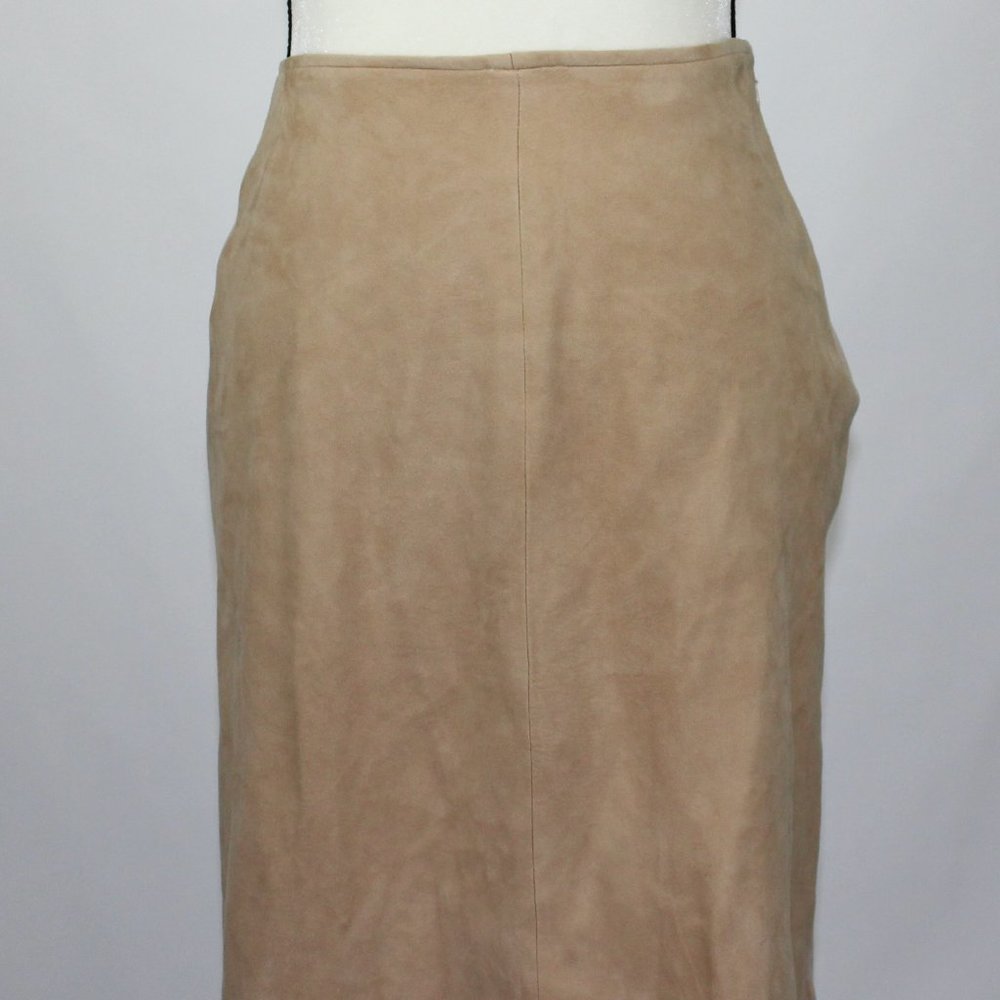 Bally Women's Skirt 42 M Beige Tan Suede Leather Stretch Pencil Made in Italy